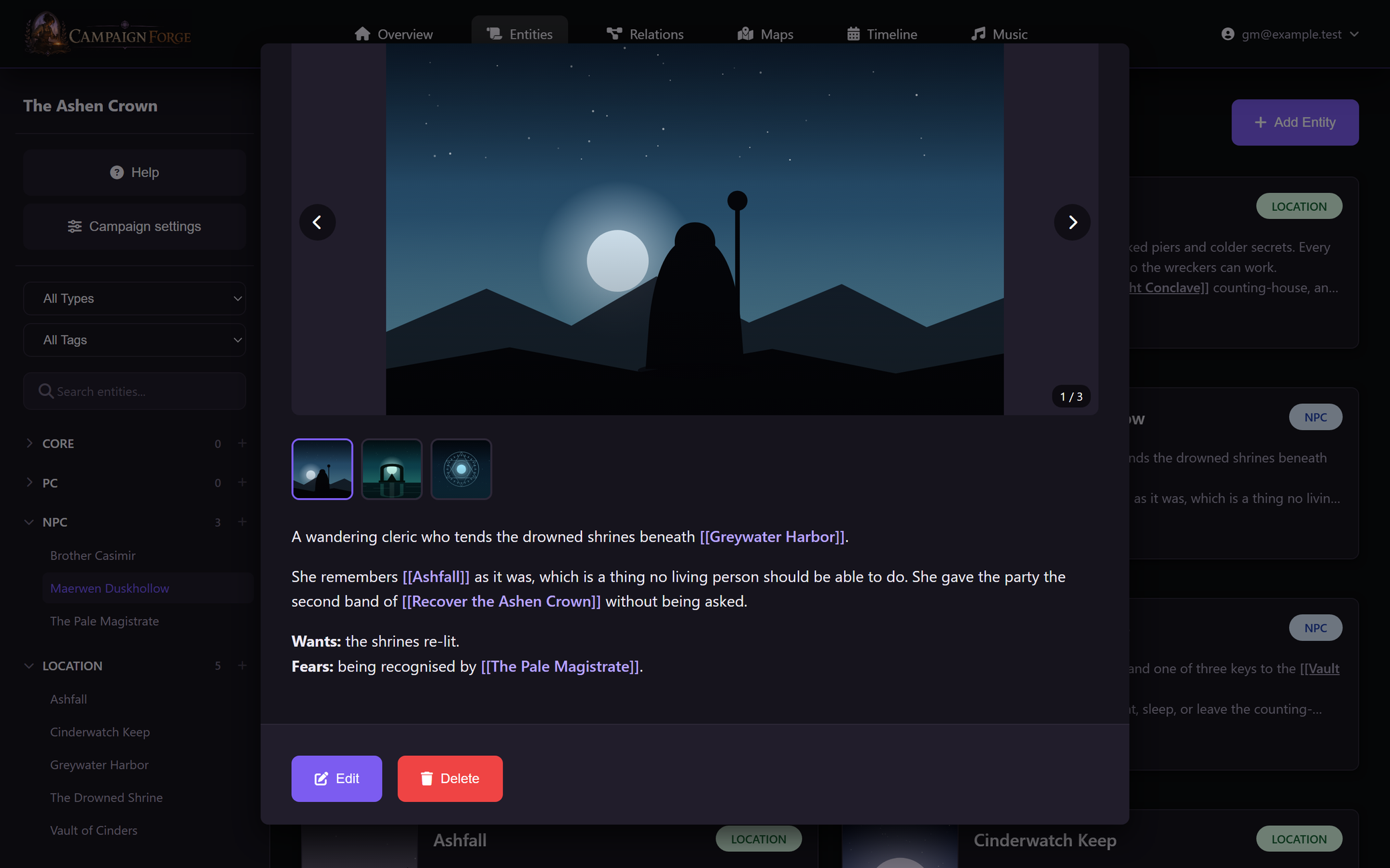 An NPC page in Campaign Forge with an image gallery, markdown notes and linked references