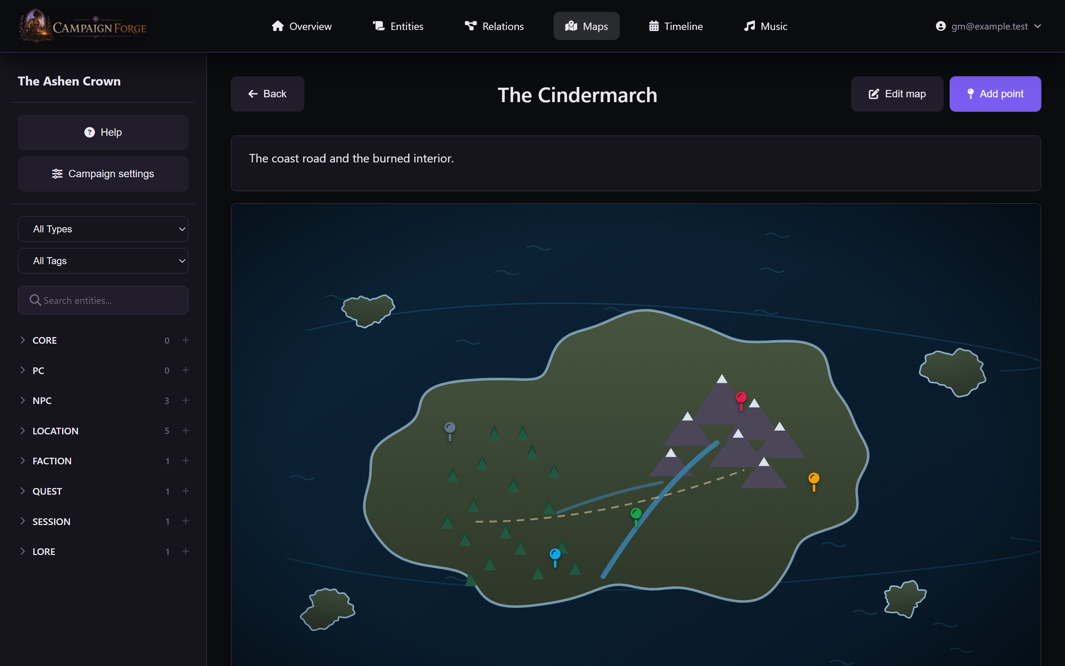 An interactive map in Campaign Forge with points of interest pinned on it