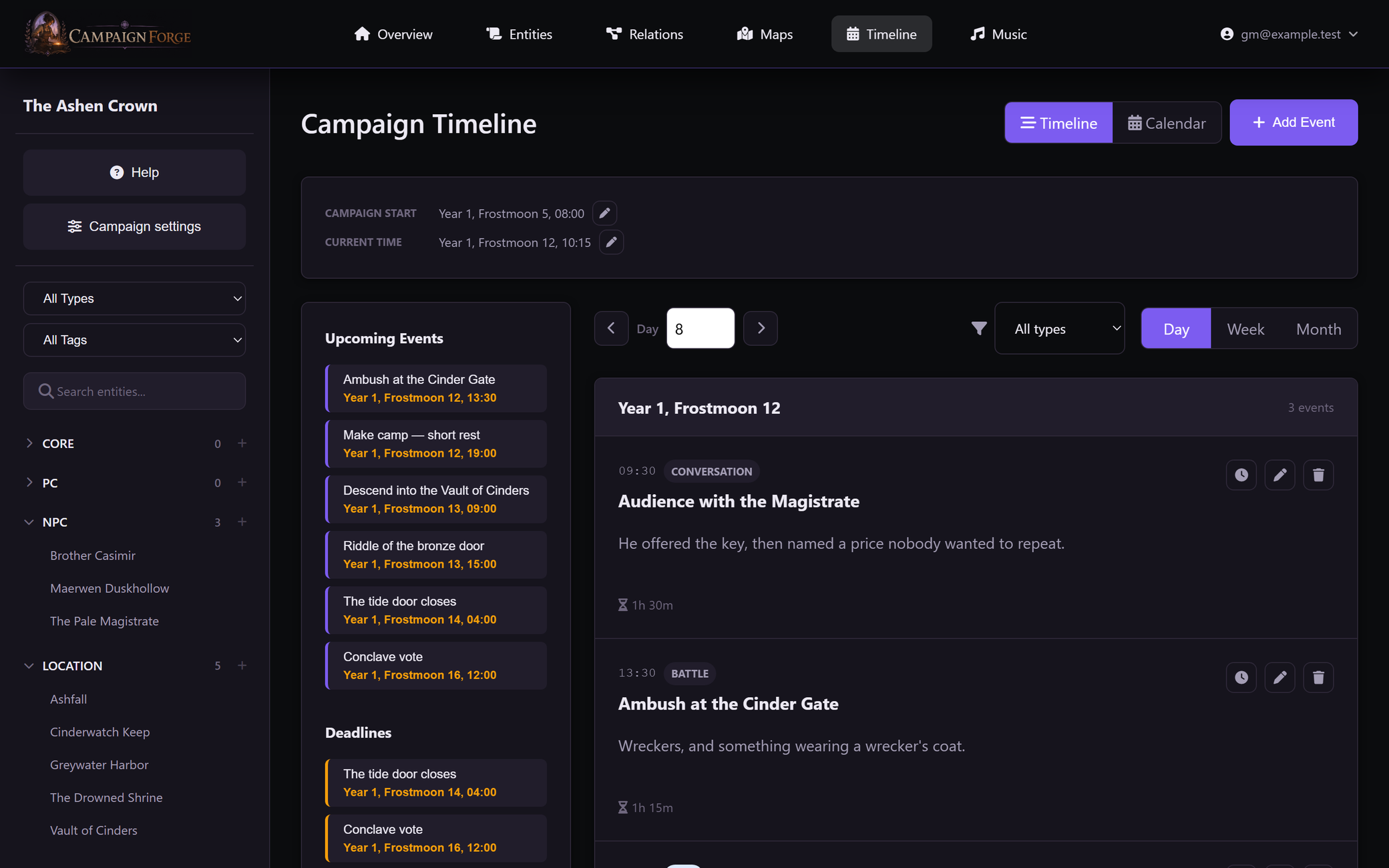 The campaign timeline in Campaign Forge with events on a shared clock